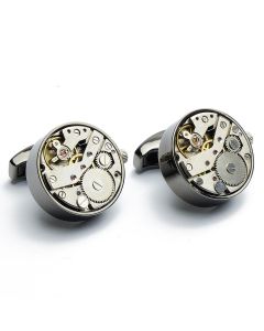 EN-1007 Manchetknopen - Open skeleton horloge Donker Metaal Rond 1.jpg