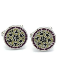 KC-1122 Manchetknopen - Rond met Groen en Beige Bloem Patroon 1.jpg