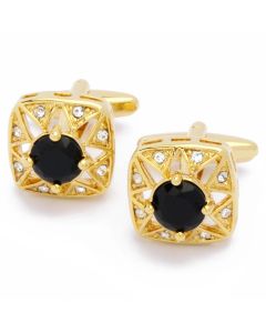 KG-1040 Manchetknopen - Goud met Zwarte Steen en Witte Steentjes 1.jpg