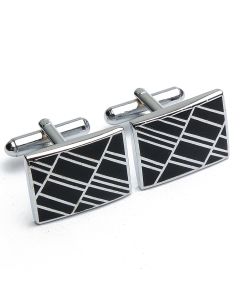 KZ-1018 Manchetknopen - Rechthoek Zwart met Diagonale Strepen 1.jpg