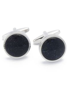 KZ-1036 Manchetknopen - Zilver Rond met Zwart Zandsteen 1.jpg