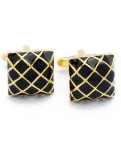 KZ-1047 Manchetknopen - Zwarte Ruitjes met Goud Vierkant 1.jpg