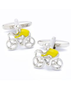 N-2340 Manchetknopen - Wielrenner Zilverkleurig met Gele Trui 1.jpg