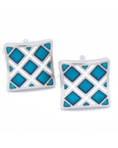 KC-1056 Manchetknopen - Turquoise Blauwe Ruitjes Vierkant 1.jpg