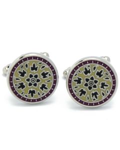 KC-1122 Manchetknopen - Rond met Groen en Beige Bloem Patroon 1.jpg