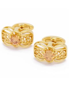 KG-1047 Manchetknopen - Goud met Rood Oranje Steen 1.jpg