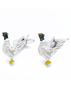 N-2338 Manchetknopen - Fazant Zilverkleurig met Groene Kop 1.jpg