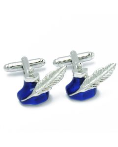 N-2978 Manchetknopen - Blauwe Inktpot met Zilverkleurige Ganzeveer 1.jpg